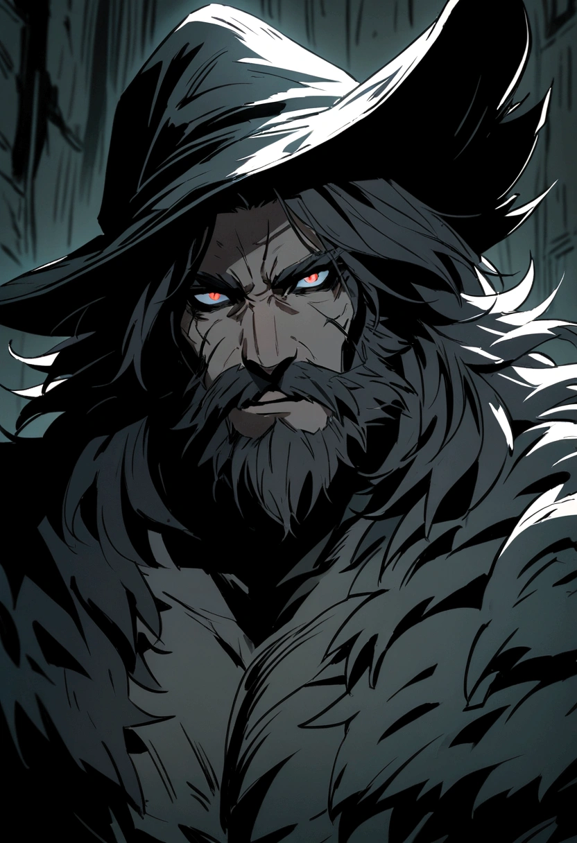 Werewolf form, front, Close-up portrait, male, beard,rogue, malevolent, hide, Dungeon, Light Armor, Black witch hunter hat