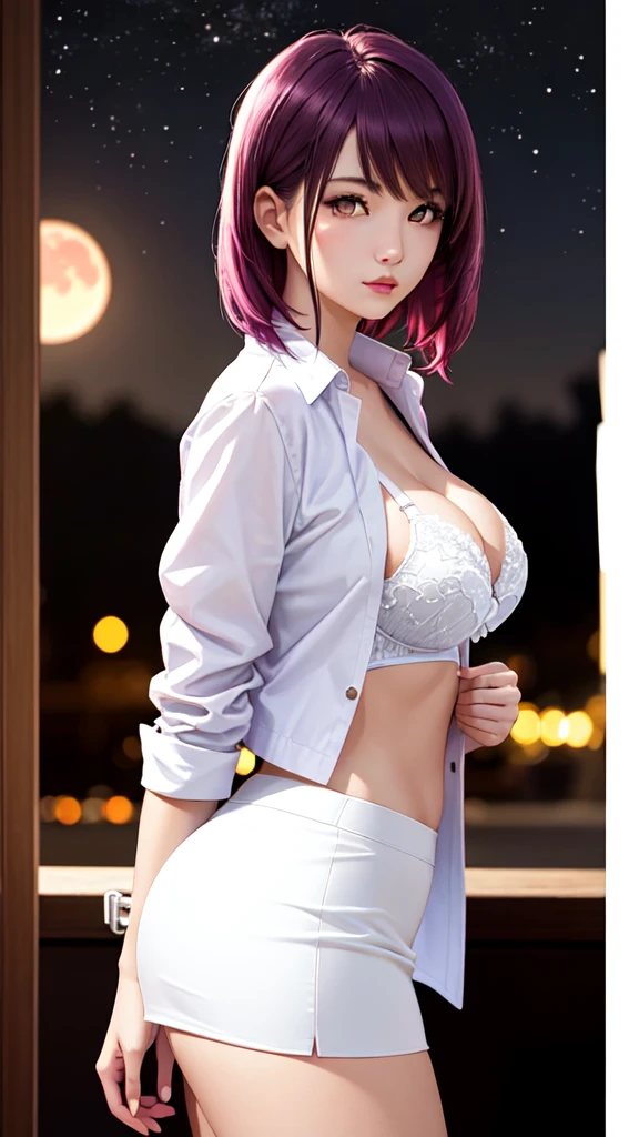 1girl, beautiful face, ((white eyes)), sexy pose, Red moon in the background, stars, space, (lightroom:1.13), soft light, (natural skin texture:1.2), (Hyperrealism:1.2), sharp focus, focused,[[realistic]]Front open shirt、Jacket、G-cup bust、Reddish-purple hair、Purple bra、Pencil Skirt、Glamorous figure、Big Ass、Side view、
