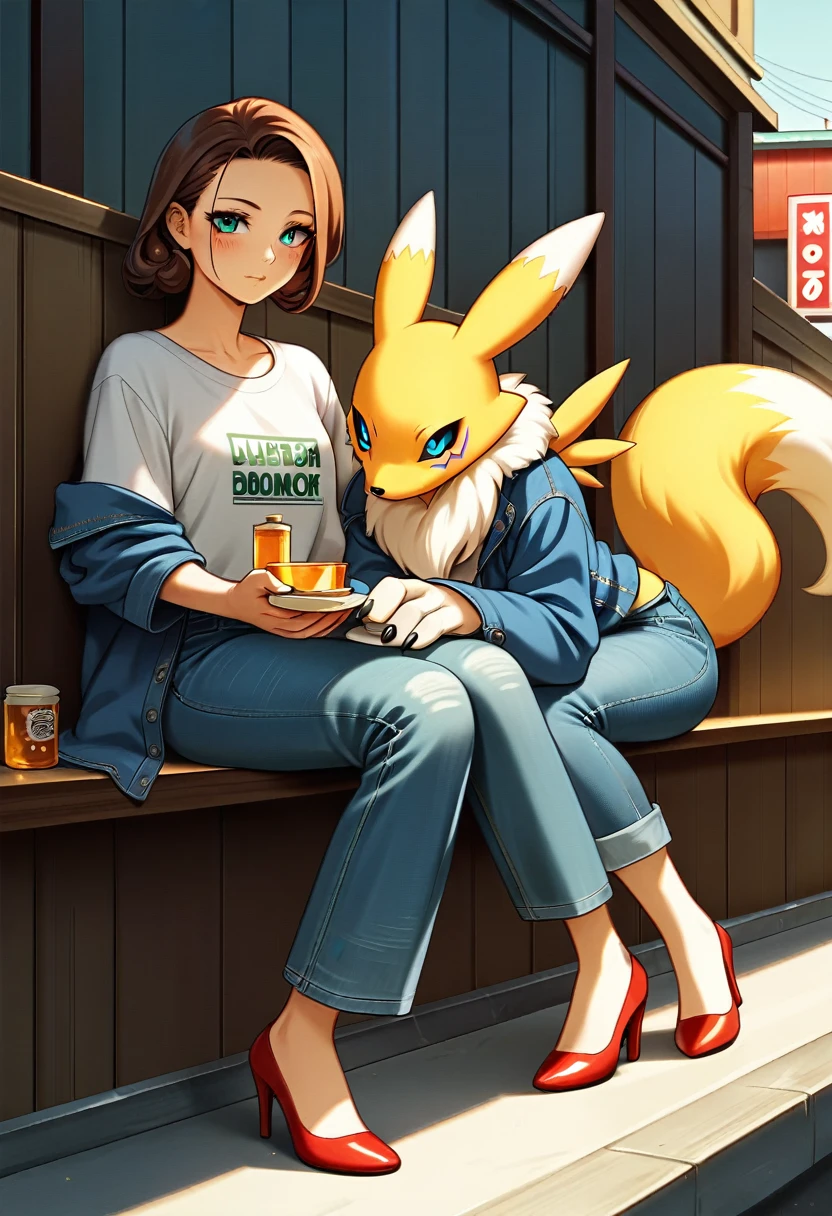 Fraction_9, Fraction_8_up, Fraction_7_Direction_6_Direction_5_Direction_4_up, rest, src_Japanese cartoons, Endless, Official Art, masterpiece, 1 Girl, renamon (Digimon), anthropology, Lovely, , very younger, young, , Uncensored, Oversized T-shirt,denim jacket, big jeans, Red high heels,Sexy, Honey, prostitute, Dagasi, Blink