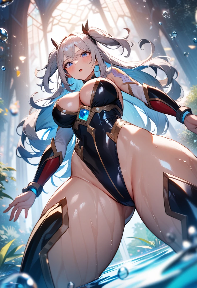 1girl,solo,super detailed skin,shiny skin,wet oily skin, expressionless face,half open mouth,eyelashes,silver hair,two side up,long hair,large breasts,unique and complex clothes,high-leg leotard,nij fantasy pond,luminous pond,luminous water,luminous splashes,luminous water balls,dynamic angle,from below,masterpiece,best quality,ultra detailed,high resolution,sharp focus,depth of field