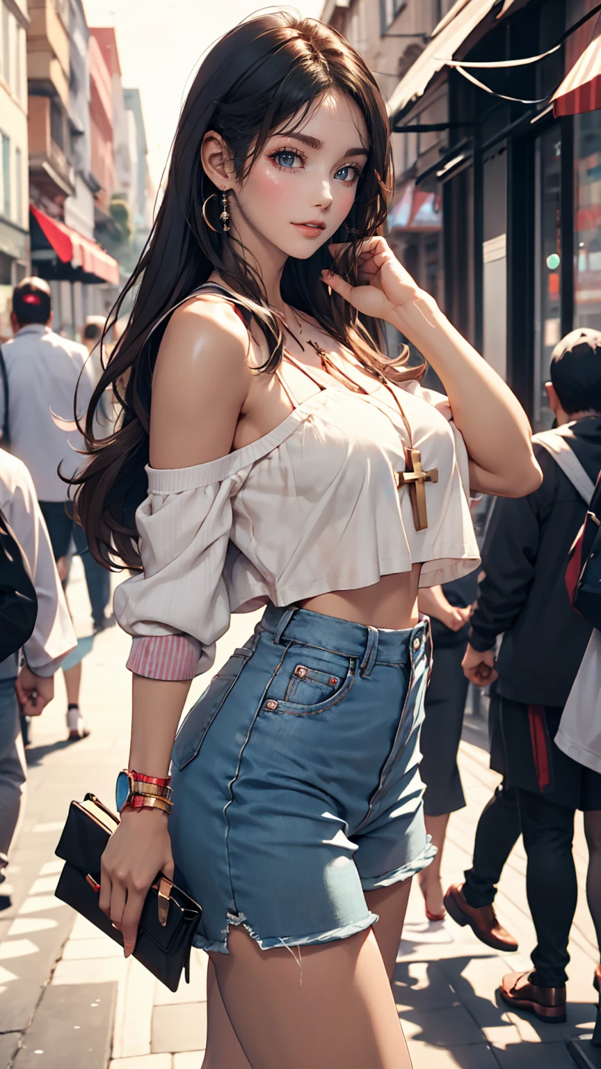 One girl, Teen、Wear a one-shoulder top、Sexy proportions、Sexy、Narrow waist、Wear accessories on your wrist、Wear high heels、Cross one&#39;s arms、Wearing stockings、Show off the beauty of the leg line、Wear a tight lender legs