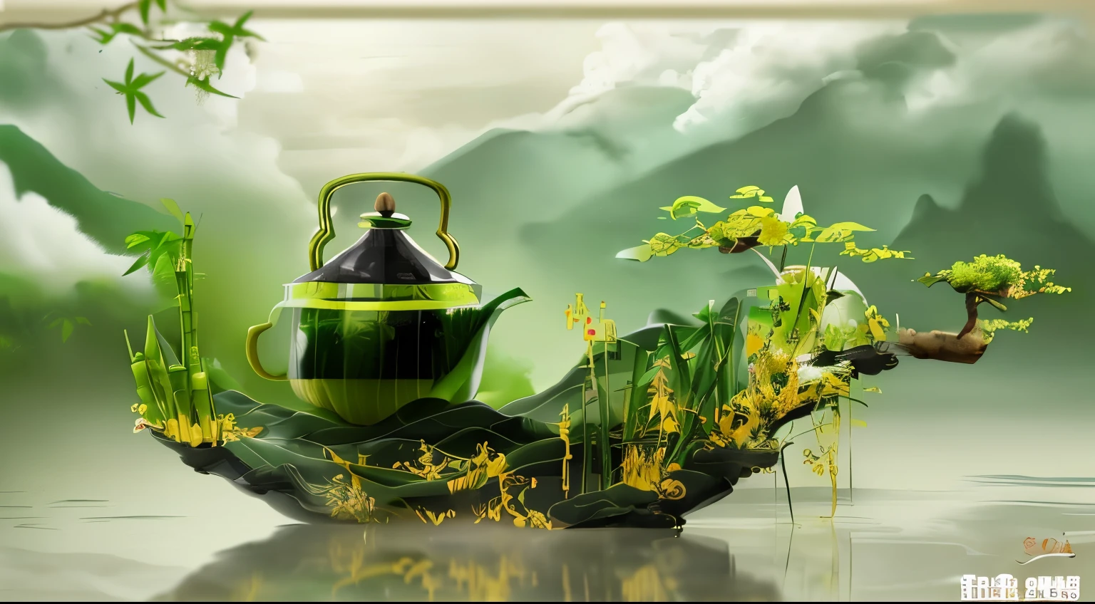 Taking Tang tea culture as the core of design,Dark green as main color,Bamboo、Spring、Clouds as Elements,Symbolizes the natural purity of tea,