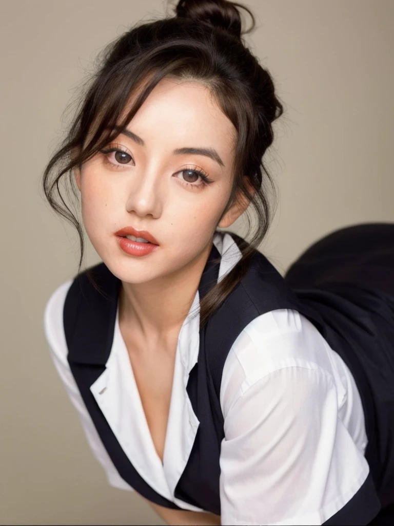 masterpiece,best quality,higher, Super sexy super cute Japanese girl、Hot, erotic and sexy lips、Big eyes、Drooping eyearilyn (;marilyn monroe face)、ASİAN,(brown race),dark skin,Dark brown, loosely wavy llong hair,、(Bun Hair)1girl,NDGE、ponytail、Super big、sexual excitement、(((A girl wearing the uniform of the Japanese women's national volleyball team、Volleyball match court)))、(((Super big)))Cute smile