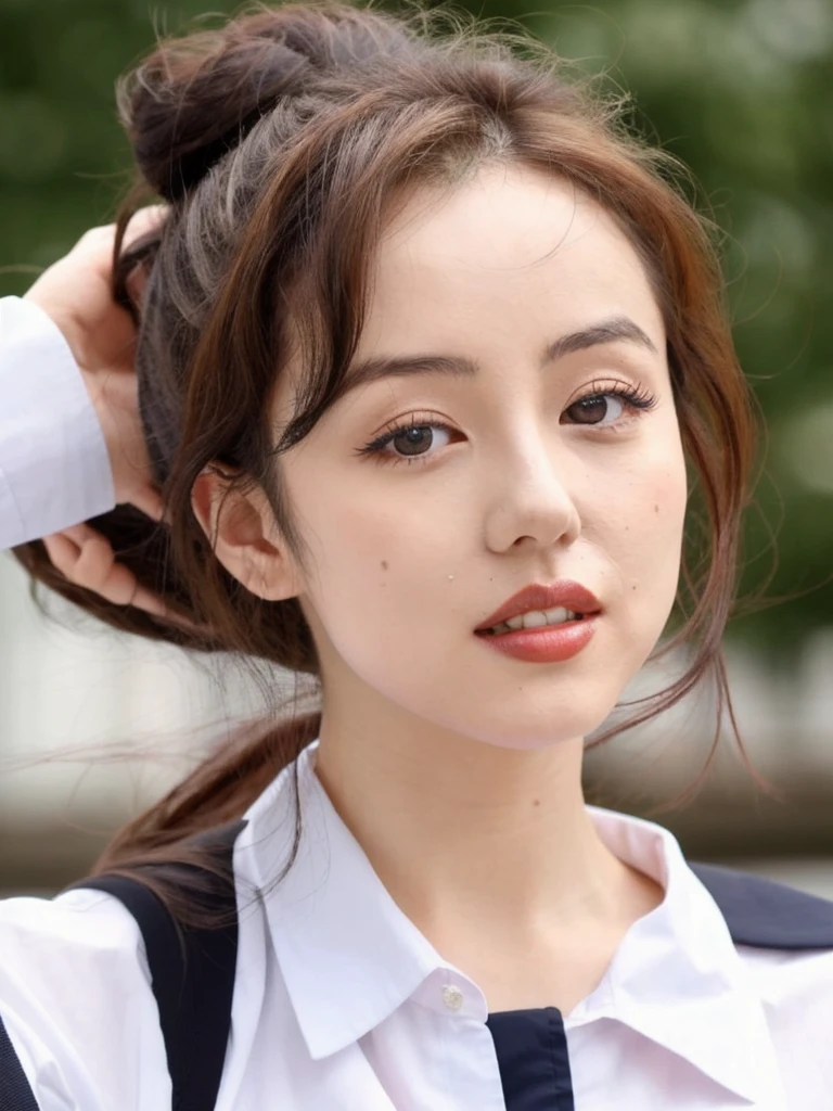 masterpiece,best quality,higher, Super sexy super cute Japanese girl、Hot, erotic and sexy lips、Big eyes、Drooping eyearilyn (;marilyn monroe face)、ASİAN,(brown race),dark skin,Dark brown, loosely wavy llong hair,、(Bun Hair)1girl,NDGE、ponytail、Super big、sexual excitement、(((A girl wearing the uniform of the Japanese women's national volleyball team、Volleyball match court)))、(((Super big)))Cute smile