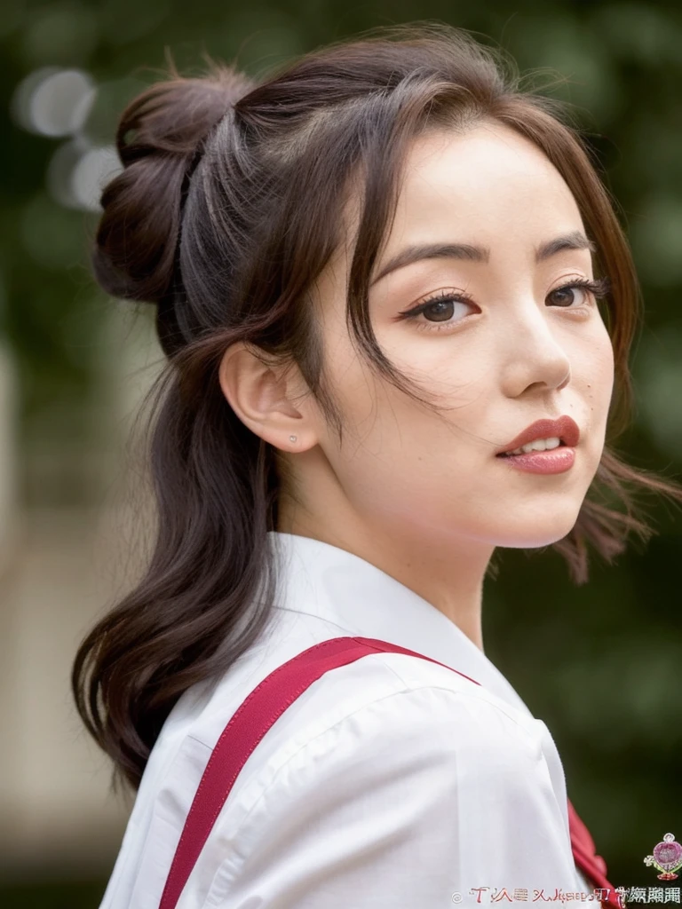 masterpiece,best quality,higher, Super sexy super cute Japanese girl、Hot, erotic and sexy lips、Big eyes、Drooping eyearilyn (;marilyn monroe face)、ASİAN,(brown race),dark skin,Dark brown, loosely wavy llong hair,、(Bun Hair)1girl,NDGE、ponytail、Super big、sexual excitement、(((A girl wearing the uniform of the Japanese women's national volleyball team、Volleyball match court)))、(((Super big)))Cute smile