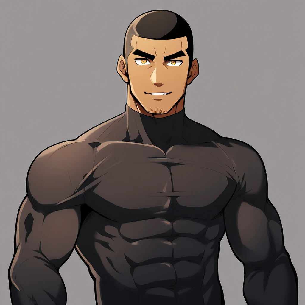anime characters:Gyee, Young Muscle Sports Teacher, negro black skin, Buzz Cut, Manliness, male focus, Dark Red long sleeve tight T-shirt, Slightly transparent texture, Very tight, Slightly transparent, muscular male, muscular, only, Upper body, alone, Black short hair, Thick eyebrows, stubble, Yellow eyes, Grey background, simple background, amazing quality, best aesthetics, Ridiculous, bright pupils, crew cut, parted lips, seductive smile, torogao, naughty face, best quality