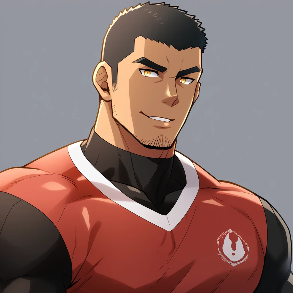 anime characters:Gyee, Young Muscle Sports Teacher, negro black skin, Buzz Cut, Manliness, male focus, Dark Red long sleeve tight T-shirt, Slightly transparent texture, Very tight, Slightly transparent, muscular male, muscular, only, Upper body, alone, Black short hair, Thick eyebrows, stubble, Yellow eyes, Grey background, simple background, amazing quality, best aesthetics, Ridiculous, bright pupils, crew cut, parted lips, seductive smile, torogao, naughty face, best quality
