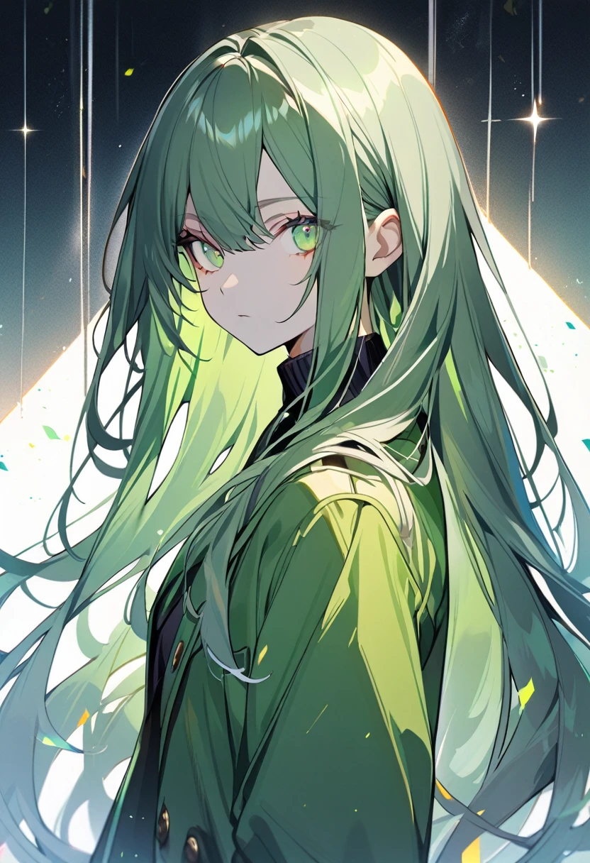 1girl, solo，light green eyeliner, black eye，green suit，Expressionless，look at viewer，from side，silver straight long hair，sparkling light green eyes