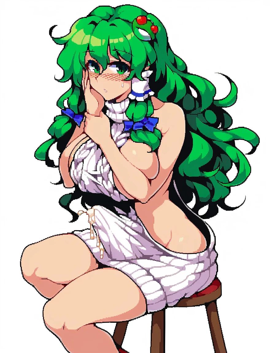 Expressive, score_9, score_8_up, score_9_up, Touhou, masterpiece, high quality, highly detailed, 1girl, kochiya sanae, solo, green hair, long hair, green eyes, long hair, big breasts, blush, round breasts,,,,,, frog hair ornament, hair tubes, snake hair ornament,,,, thin waist, sit on stool, white background,, virgin killer sweater, futanari, big penis under clothes, cum, she covering own face with hands ,