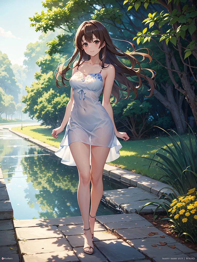 Full body view, professional anime, anime (ufotable),happy woman walking in a field with white and blue flowers, very beautiful symmetrical face, Brown eyes, medium brown hair,the sunlight shines from the front showing her wonderful figure, Dress comfortably and loosely, intricate details, Professional 50mm camera