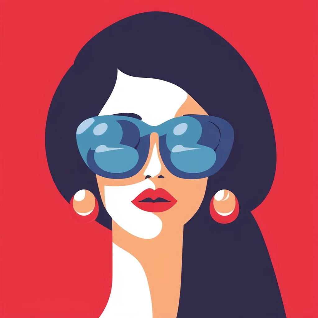 translation, One girl, alone, Red background, Red lips, Black Hair, Earrings, jewelry, Long Hair, Simple Background, lipstick, Glasses, 赤いフレームのGlasses, makesuperior, sunGlasses, Portraiture, 赤色のGlasses, View your viewers, Limited edition palette, Flat Color, Vector art, figure, vector figure, Cel Shading, Simple coloring, score_9, score_8_superior, score_7_superior, score_6_superior, score_5_superior, score_4_superior