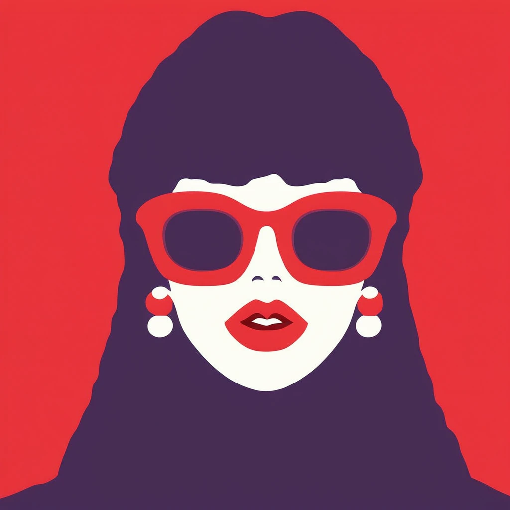 translation, One girl, alone, Red background, Red lips, Black Hair, Earrings, jewelry, Long Hair, Simple Background, lipstick, Glasses, 赤いフレームのGlasses, makesuperior, sunGlasses, Portraiture, 赤色のGlasses, View your viewers, Limited edition palette, Flat Color, Vector art, figure, vector figure, Cel Shading, Simple coloring, score_9, score_8_superior, score_7_superior, score_6_superior, score_5_superior, score_4_superior