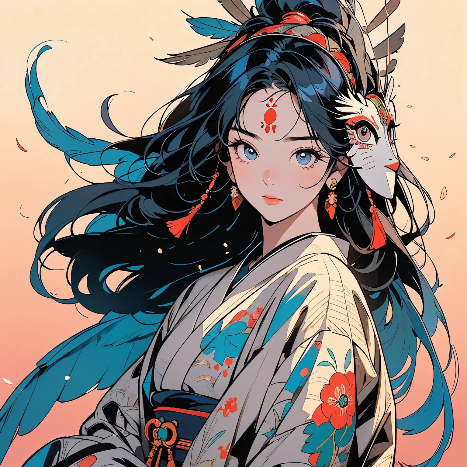 kimono, 完璧なkimono, 詳細なkimono, first-class, Super detailed, torii, Night view, (((Super detailedな装飾))),One Woman, Perfect Face, Lantern, Faint lighting, (((Cowboy Shot))), Super detailedな髪、(((Sparkling Eyes))),mysterious, Golden Belt, The wind is blowing, Apparition, Japanese style, Panorama, Long Shot, Colorful backgrounds, (((Narrow-eyed beauty))),(((Indian-style feather headdress on head))),Upper Body,(((Complex eye pattern)))、(((Wearing a bird head mask on his head)))、A beautiful woman、Detailed face、Best quality face、Large feather ornament