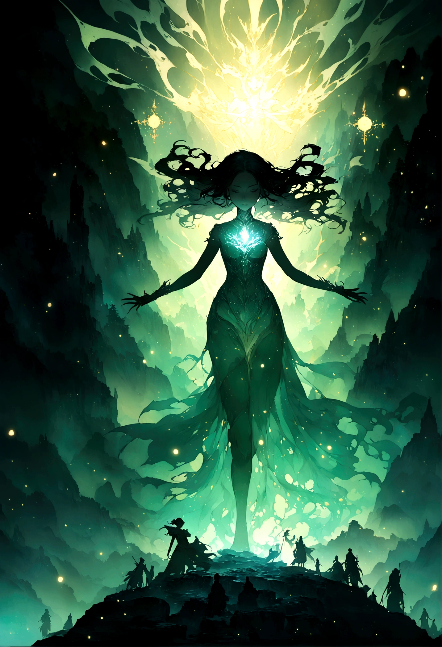 Ultra detailed illustration painting of a luminous and enchanting bad girl undead/human-like creature with dark hair, dynamic pose, anime style, dimly lit dark fantasy realm enviroment, mid shot, rule of thirds depth of field intricate details, concept art, subtle colors, fantastical realm, extremely detailed, ultra sharp focus, light particles, attention to detail, grandeur and awe, cinematic, stunning visual masterpiece, double exposure, 8k, photorealistic, strong outlines, cinematographic scene,