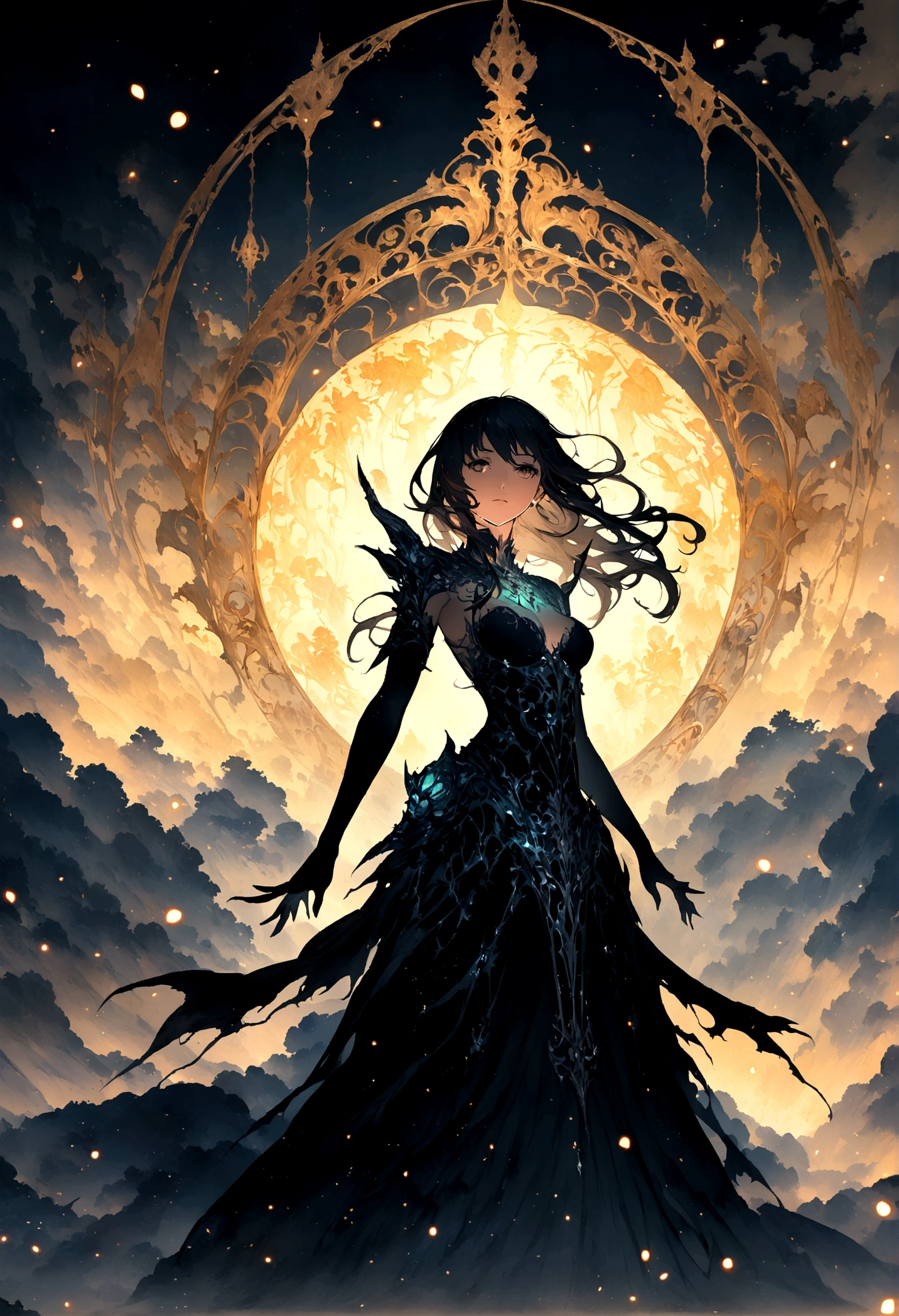 Ultra detailed illustration painting of a luminous and enchanting bad girl undead/human-like creature with dark hair, dynamic pose, anime style, dimly lit dark fantasy realm enviroment, mid shot, rule of thirds depth of field intricate details, concept art, subtle colors, fantastical realm, extremely detailed, ultra sharp focus, light particles, attention to detail, grandeur and awe, cinematic, stunning visual masterpiece, double exposure, 8k, photorealistic, strong outlines, cinematographic scene,