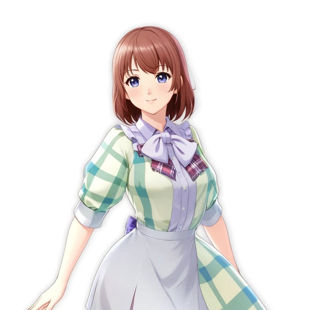 Anime girl in a dress with ribbons and a plaid shirt, April Rendering, sayori, Official character art, hints of Yaoi Kasuma, Cute 3D anime girl render, Yaoi Kasuma, Mirabelle Madrigal's rendering, Smooth anime CG art, kasumi arimura style 3/4, Beatrice Blue