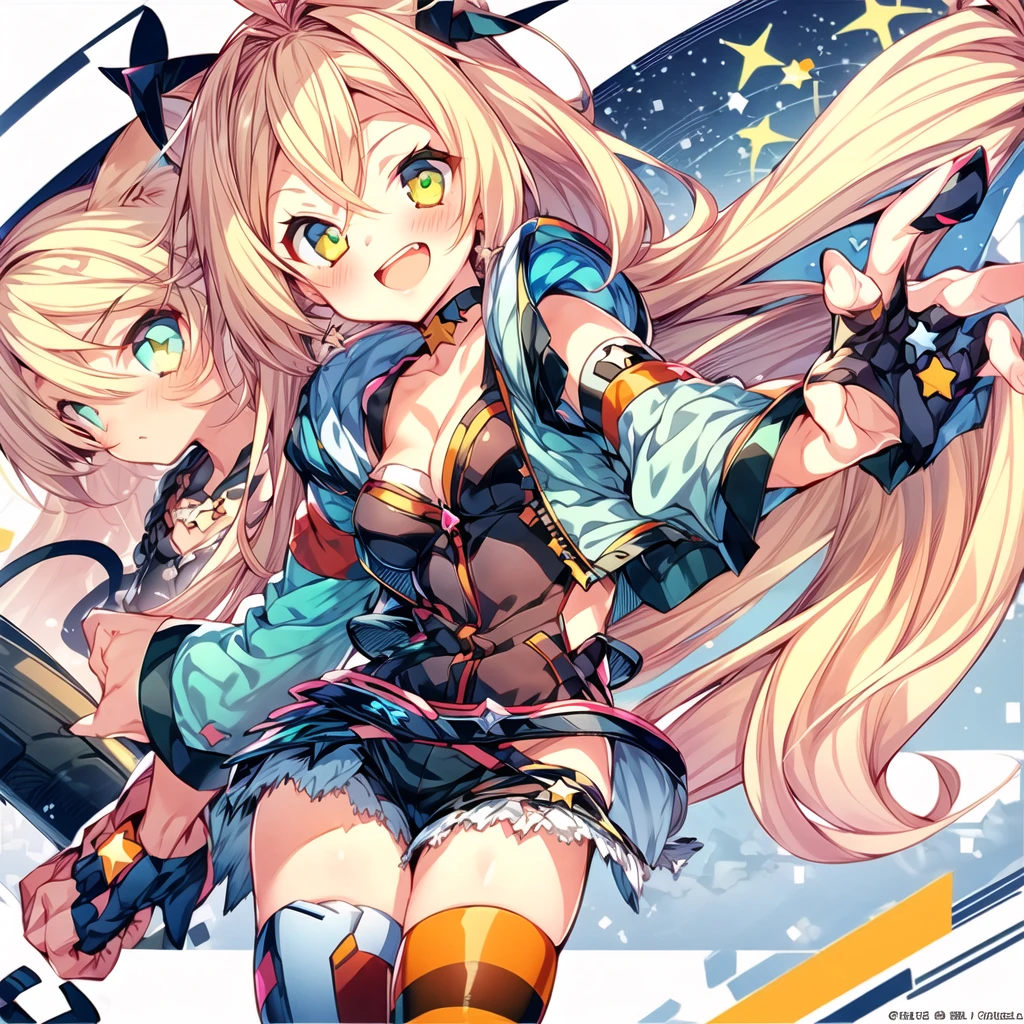 1girl、(((Highest quality、Masterpiece、Official Art、The best dynamic composition、Super detailed)))、Unity_Chan,One girl,Blonde,alone,Green Eyes,Long hair tied low,Striped knee socks,gloves,Cleavage,Jacket,fingerless gloves,star (symbol),hair band,Removable sleeves,Medium chest,cropped Jacket,choker,belt,head band,star print,Bare shoulders,Orange knee socks,hoodie,Blue Vest