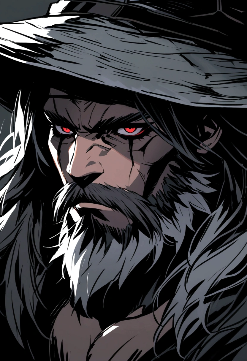 Werewolf form, front, Close-up portrait, male, beard，rogue, malevolent, hide, Dungeon, Light Armor, Black witch hunter hat