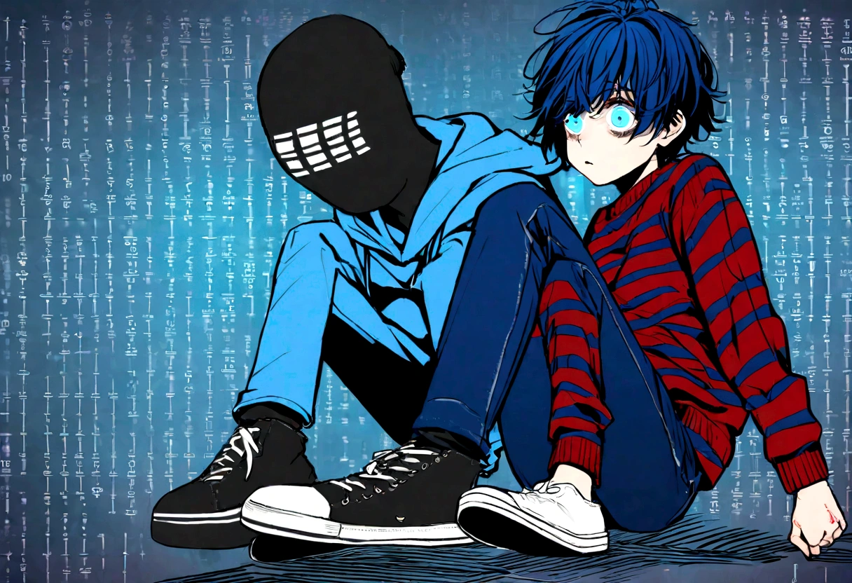 Short hair guy, his hair was blue with red stripes, wears a black medical mask, hiding your scars. Wears a sweatshirt with drawn eyes, the sweatshirt had a short kimono with a binary code pattern on it. blue jeans,there were black sneakers on his feet