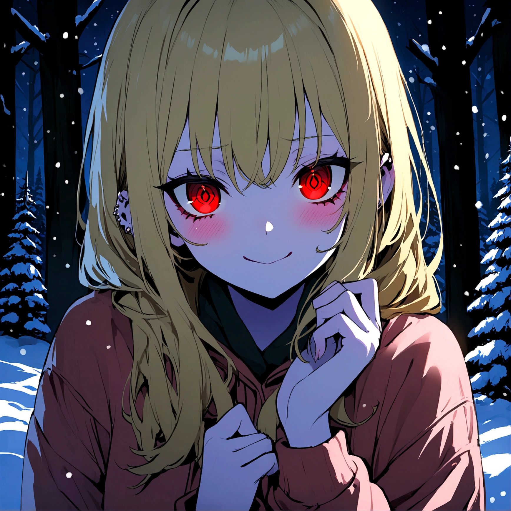 Young girl, posing shy, nervous smile, piercing eyes, red eyes, blonde hair, pale pink skin, pine forest background with snow, night time