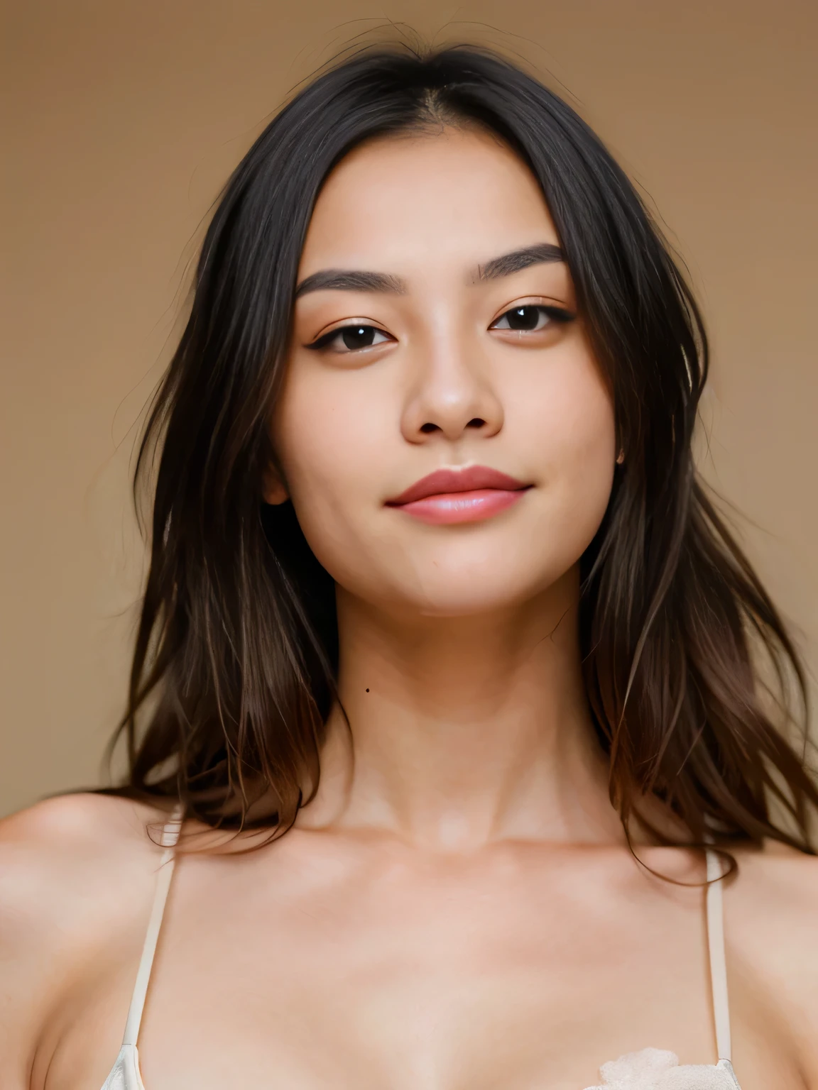 young girl, Asian girl with dark brown hair, big breast, she is dressed in elegant black dress, photo taken on a white background, face close-up. Ultra-high resolution, (photorealistic: 1.4), high resolution, (brown eyes), (finely detailed skin), (perfectly proportioned) (photo realistic) (masterpiece) (photorealistic), ultrarealistic (Best Quality) (Detailed) photographed in a Canon EOS R5, 50mm Lens, F/2.8, (8K) (Wallpaper) (Natural lighting) (Convoluted) Fashion
