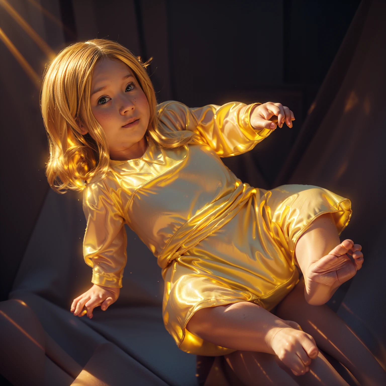 The image shows a 3D animated character, a baby girl with blonde hair, wearing a yellow dress and a red skirt, sitting on the floor, smooth 3d model, glossy plastic texture, multiple light sources, rim light, sharp post effects render, most beautiful vfx, , realistic, 4k, high resolution, rim light, smooth 3d model. , glossy texture, smooth 3d model, multiple light sources, rim light, sharp post effects render, (glossy plastic texture with multiple big light probe refractions), perfect cgi, reflective, best quality, 4k, masterpiece:1.2, ultra-detailed, realistic, vivid colors, The image of the highest quality, ensuring every detail showcased perfectly. It in 4k resolution, allowing viewers to immerse themselves in the richness of the colors and intricate details. The realistic rendering. under the spotlight, reflecting, high-resolution image, realistic rendering