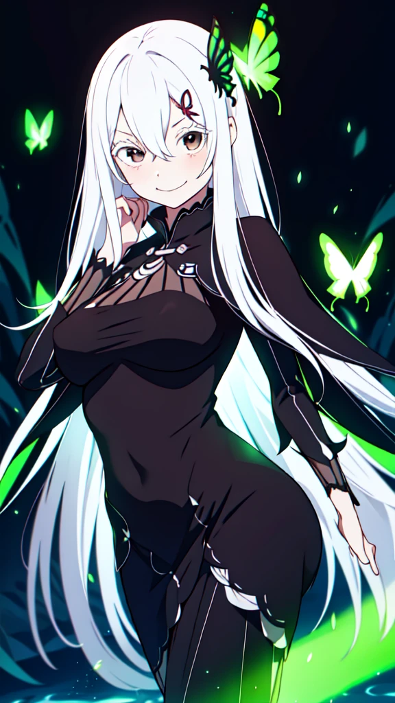absurdres, highres, ultra detailed, echidna, brown eyes, medium breasts, butterfly hair ornament, (colored eyelashes:1.1), capelet, black dress, long sleeves, looking at viewer, evil smile, otherworldly hues, surreal landscapes, unseen light, ethereal glow, neon green glow, vibrant colors, ghostly effect