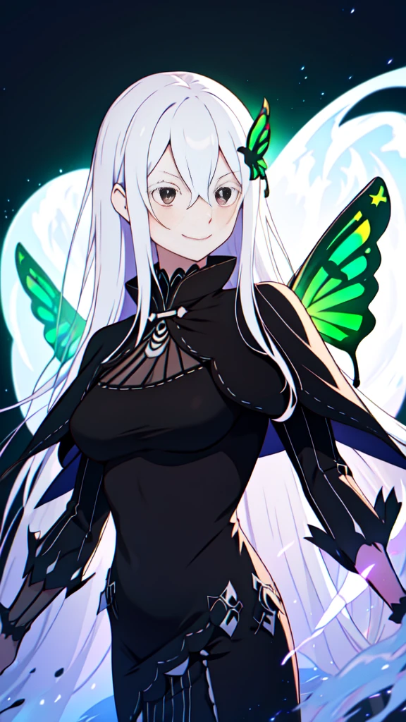 absurdres, highres, ultra detailed, echidna, brown eyes, medium breasts, butterfly hair ornament, (colored eyelashes:1.1), capelet, black dress, long sleeves, looking at viewer, evil smile, otherworldly hues, surreal landscapes, unseen light, ethereal glow, neon green glow, vibrant colors, ghostly effect
