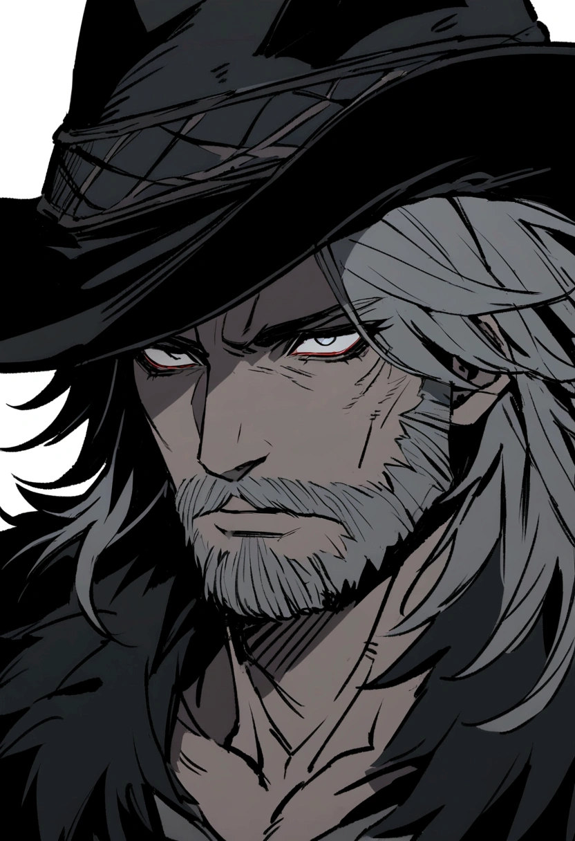 Werewolf form, front, Close-up portrait, male, beard,rogue, malevolent, hide, Dungeon, Light Armor, Black witch hunter hat