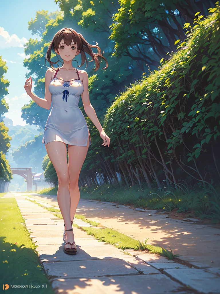 Full body view, professional anime, anime (ufotable),happy woman walking in a field with white and blue flowers, very beautiful symmetrical face, Brown eyes, medium brown hair,the sunlight shines from the front showing her wonderful figure, Dress comfortably and loosely, intricate details, Professional 50mm camera