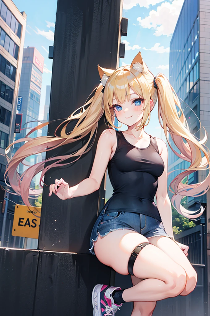 realistic image, coherent image, detailed image, 1 beautiful girl, She has blonde hair, long, silky hair styled with two heart-shaped pigtails, blue eyes, she has cat ears, a cat tail, her face is oval and delicate , smiling shyly. She is wearing a short, sleeveless t-shirt, mini shorts, mid-thigh stockings, and sneakers. She has a curvy body, small breasts, thick thighs, surrounded by buildings, windy day, pelo blanco pantis trasparente negras pechos grandes abultado 