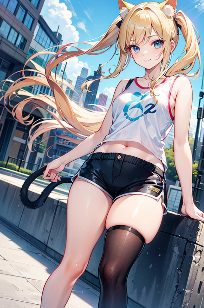 realistic image, coherent image, detailed image, 1 beautiful girl, She has blonde hair, long, silky hair styled with two heart-shaped pigtails, blue eyes, she has cat ears, a cat tail, her face is oval and delicate , smiling shyly. She is wearing a short, sleeveless t-shirt, mini shorts, mid-thigh stockings, and sneakers. She has a curvy body, small breasts, thick thighs, surrounded by buildings, windy day, pelo blanco pantis trasparente negras pechos grandes abultado