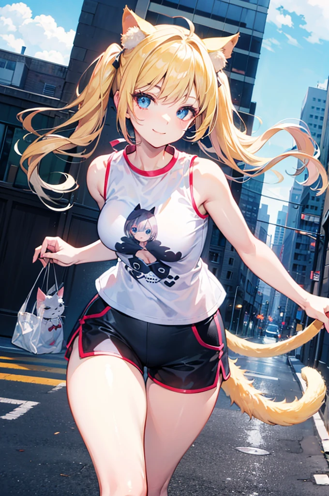realistic image, coherent image, detailed image, 1 beautiful girl, She has blonde hair, long, silky hair styled with two heart-shaped pigtails, blue eyes, she has cat ears, a cat tail, her face is oval and delicate , smiling shyly. She is wearing a short, sleeveless t-shirt, mini shorts, mid-thigh stockings, and sneakers. She has a curvy body, small breasts, thick thighs, surrounded by buildings, windy day, pelo blanco pantis trasparente negras pechos grandes abultado