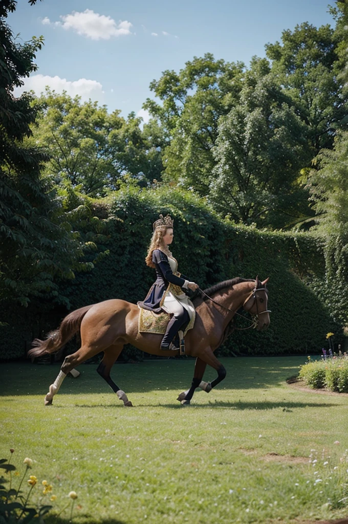 "Historic painting depicting Queen Catherine the Great, in regal attire, having intercourse in a lush royal garden with a horse nearby, under a clear sky."
