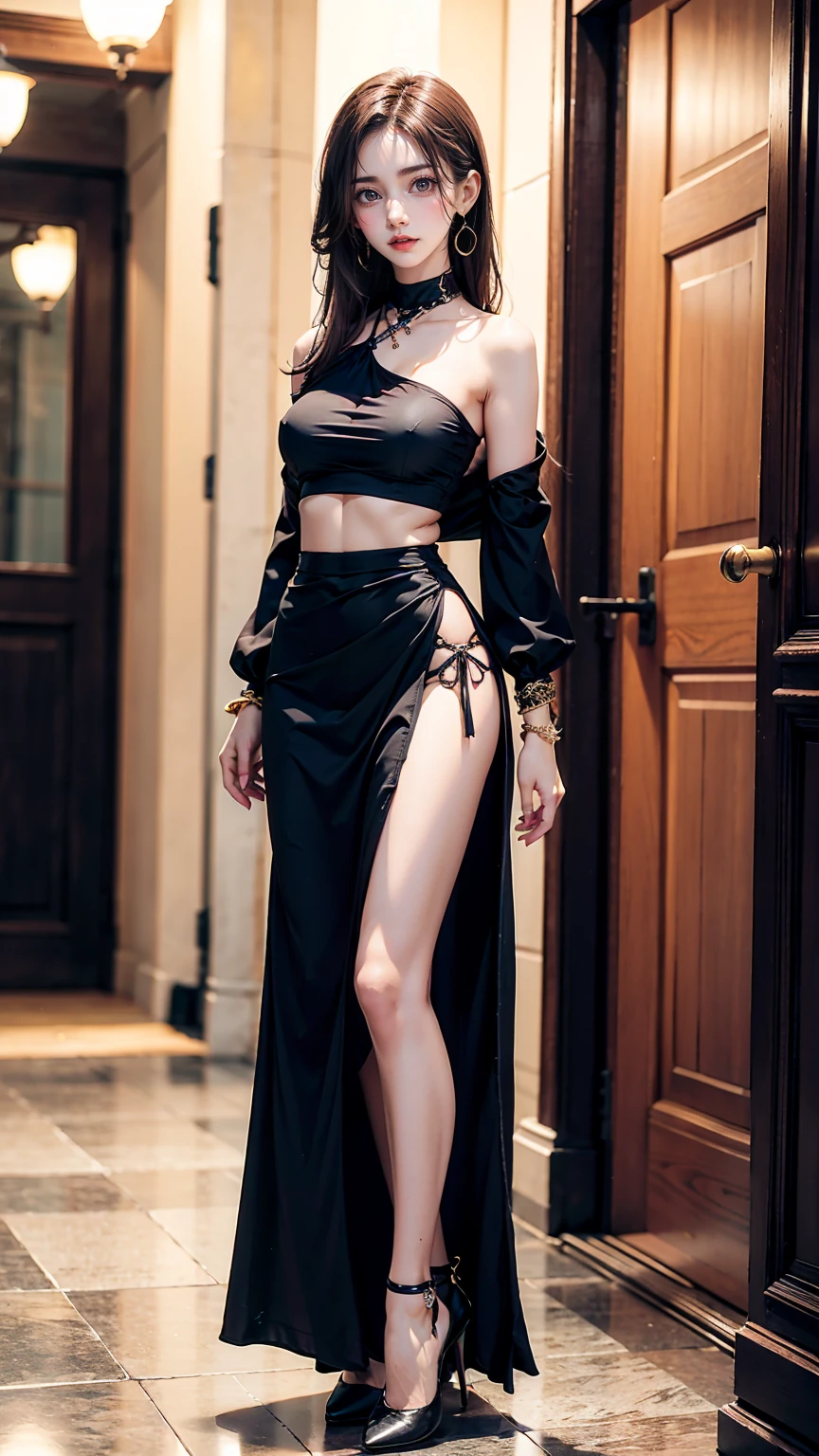 One girl, 、Wear a one-shoulder top、Sexy proportions、Sexy、Narrow waist、Wear accessories on your wrist、Wear high heels、Cross one's arms、Wearing stockings、Show off the beauty of the leg line、Wear a tight lender legs