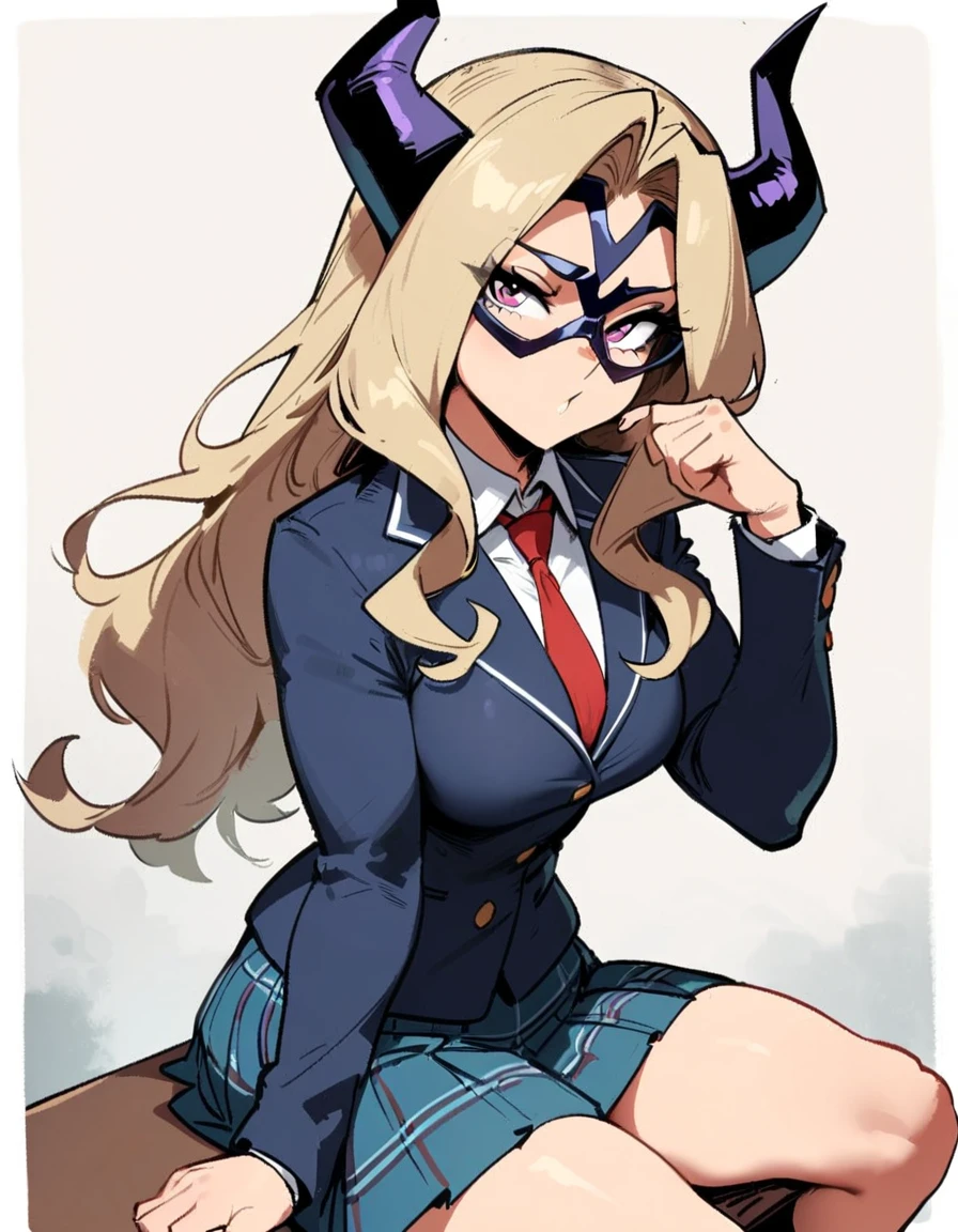 1girl, mount lady, boku no hero academia \\\\\ masterpiece, best quality, very aesthetic, absurdres, newest \\\\\\ sportive body, \\\\\\ by dodok, nyantcha, cutesexyrobutts, by khyle ///// blonde, purple eyes, (school uniform:1.2), skirt, , 24 years old, white background,tie,sit on desk