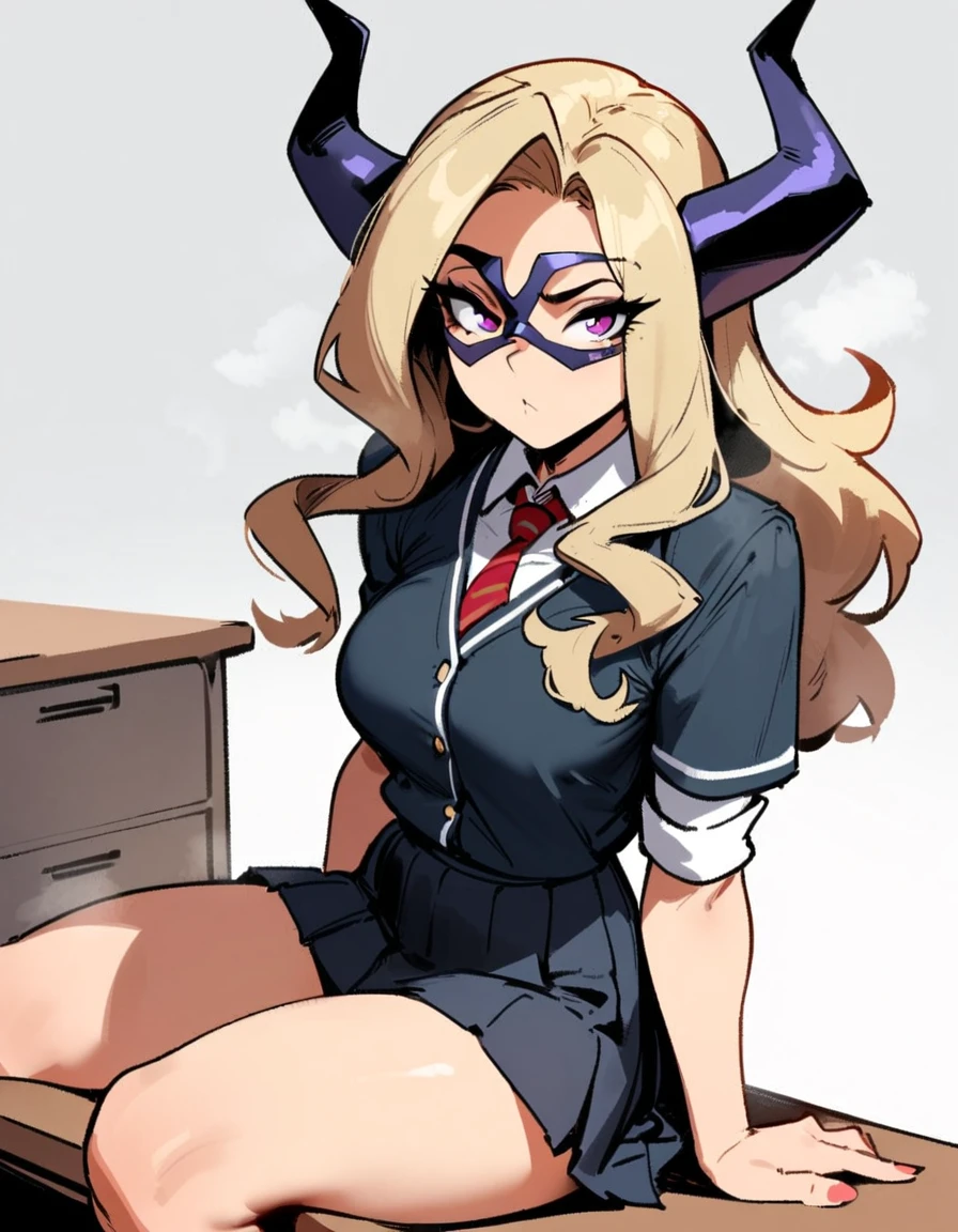 1girl, mount lady, boku no hero academia \\\\\ masterpiece, best quality, very aesthetic, absurdres, newest \\\\\\ sportive body, \\\\\\ by dodok, nyantcha, cutesexyrobutts, by khyle ///// blonde, purple eyes, (school uniform:1.2), skirt, , 24 years old, white background,tie,sit on desk