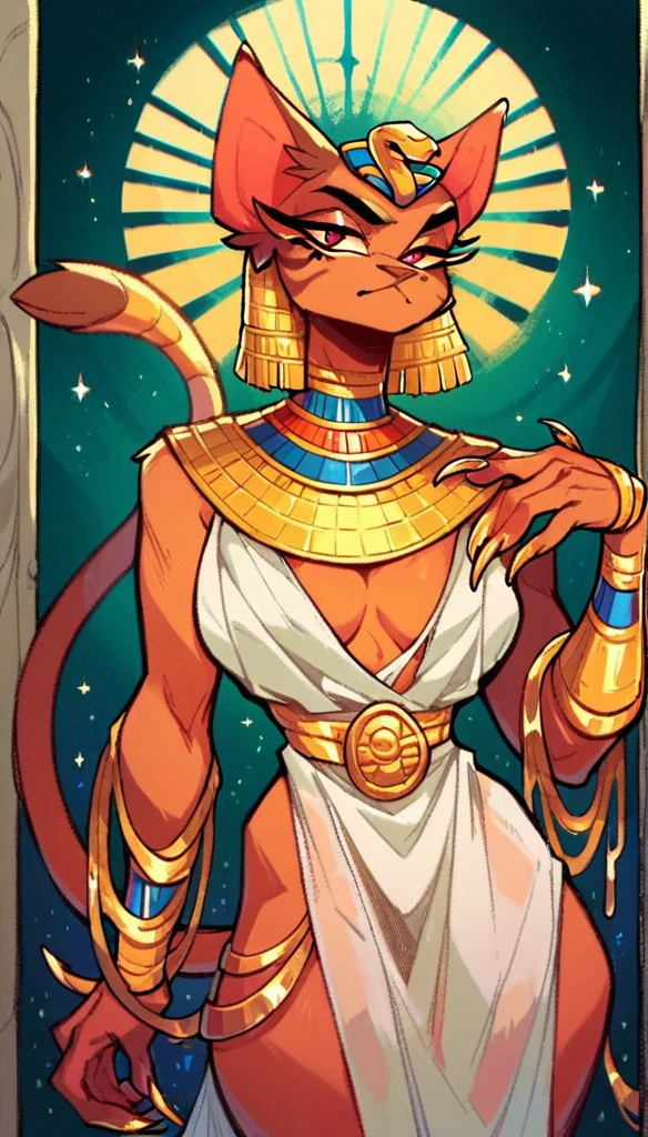 score_9, score_8_up, score_7_up, score_6_up, score_5_up, (thick lines:1.25),
anthro, Egypt, (sphinx cat), goddess, female, onyx skin, 
Egyptian-themed bedroom, luxurious silk, golden jewelry, mesmerizing red eyes, mysterious aura, sharp claws, long nails