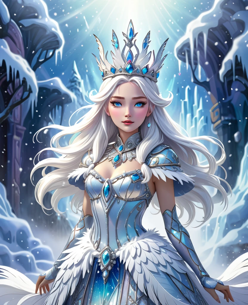 The Dairy Queen, a white - haired woman with long white hair, a crown on her head and a crystal dress with white feathers against a background of blizzard, 8k, dynamic pose, character design, frost colors, white, josephine wall, robotic, wonderland, marvel, sanrio, priestess, balletcore outfit, frontal lighting, soft lighting