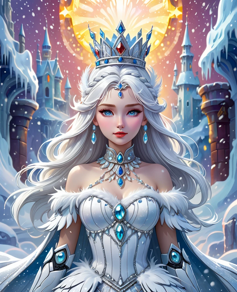 The Dairy Queen, a white - haired woman with long white hair, a crown on her head and a crystal dress with white feathers against a background of blizzard, 8k, dynamic pose, character design, frost colors, white, josephine wall, robotic, wonderland, marvel, sanrio, priestess, balletcore outfit, frontal lighting, soft lighting