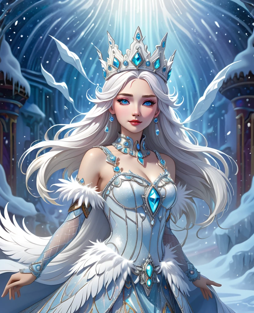 The Dairy Queen, a white - haired woman with long white hair, a crown on her head and a crystal dress with white feathers against a background of blizzard, 8k, dynamic pose, character design, frost colors, white, josephine wall, robotic, wonderland, marvel, sanrio, priestess, balletcore outfit, frontal lighting, soft lighting