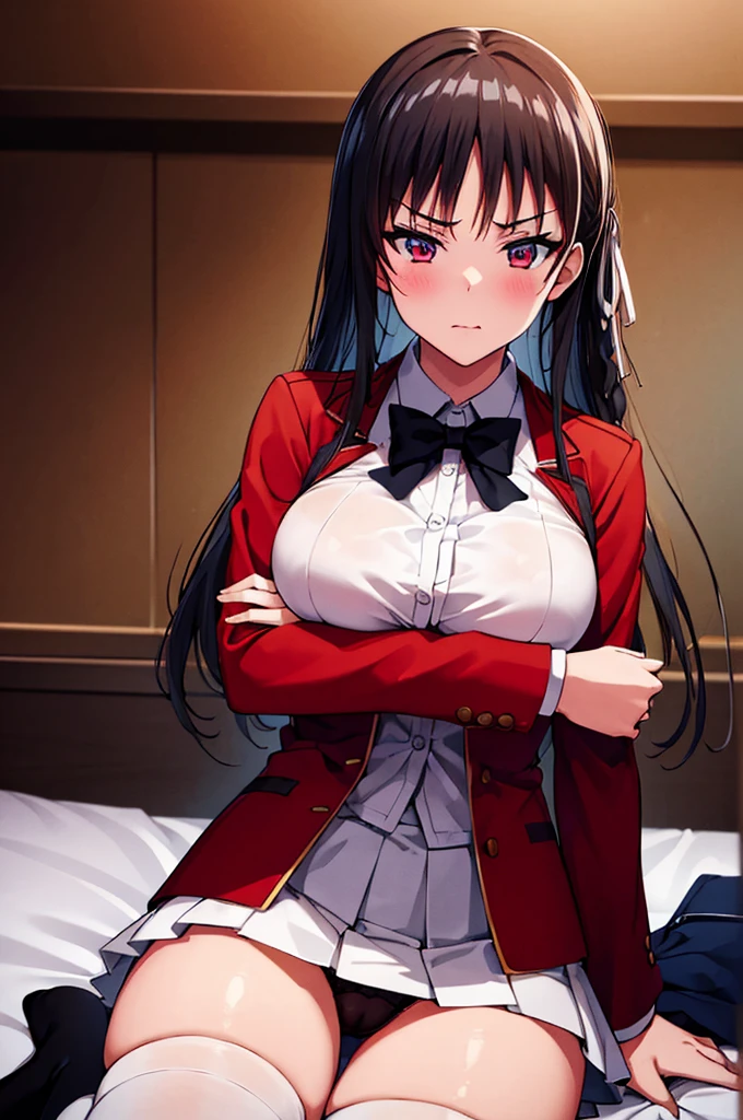 ((masterpiece)), absurdres, high resolution, ((best illustration)), ((super fine illustration)), (official art:0.7), anime keyvisual, perfect anatomy, 8k portrait,
((1girl)),
Suzune Horikita,
medium breasts,
(red jacket, shirt formal, white skirt, pleated skirt, black thigh-high socks),
cowboy shot, BREAK nsfw, lie on the bed, spread legs, show panties, skirt lift, shy, (seductive pose:1.3),
perfect light, background of indoor,