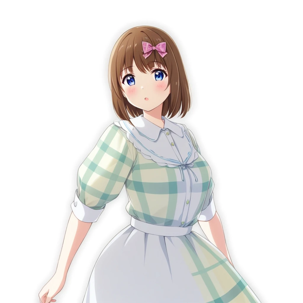 Anime girl in a dress with ribbons and a plaid shirt, April Rendering, sayori, Official character art, hints of Yaoi Kasuma, Cute 3D anime girl render, Yaoi Kasuma, Mirabelle Madrigal's rendering, Smooth anime CG art, kasumi arimura style 3/4, Beatrice Blue