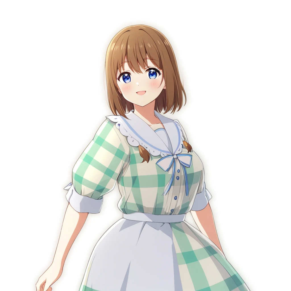 Anime girl in a dress with ribbons and a plaid shirt, April Rendering, sayori, Official character art, hints of Yaoi Kasuma, Cute 3D anime girl render, Yaoi Kasuma, Mirabelle Madrigal's rendering, Smooth anime CG art, kasumi arimura style 3/4, Beatrice Blue