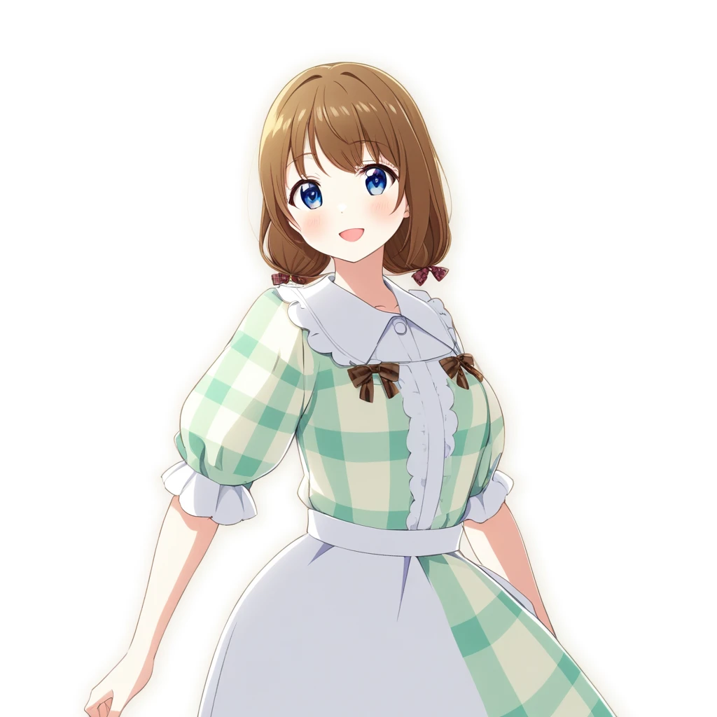 Anime girl in a dress with ribbons and a plaid shirt, April Rendering, sayori, Official character art, hints of Yaoi Kasuma, Cute 3D anime girl render, Yaoi Kasuma, Mirabelle Madrigal&#39;s rendering, Smooth anime CG art, kasumi arimura style 3/4, Beatrice Blue