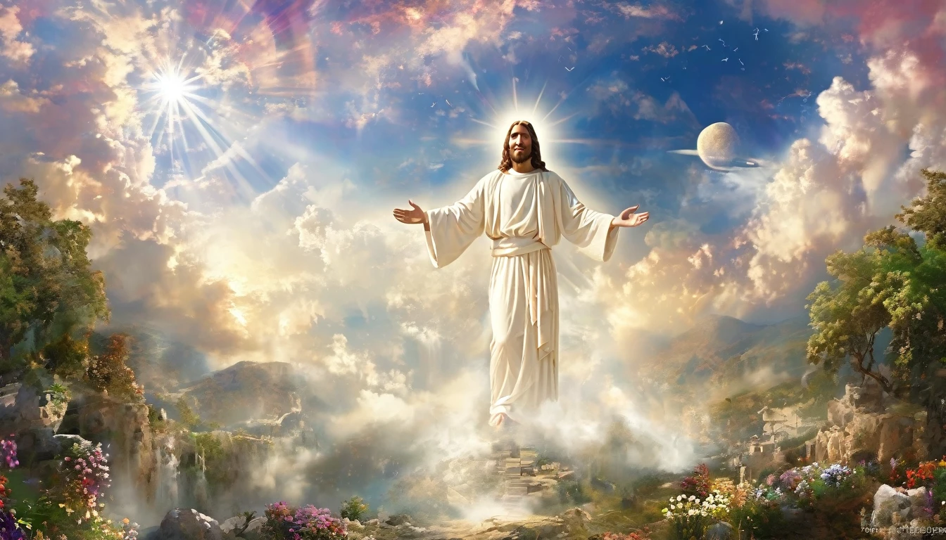 generate me a beautiful scenery of jesus christ in heaven standing