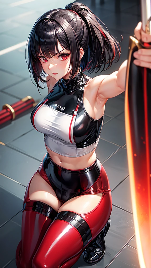 solo girl,Glossy metalic light silver tank top, tight latex shiny, Red interpolation color,Black hair bob,red eyes, camel toe, Samurai Sword,
Lift one leg, sexy lady,, naked girl,