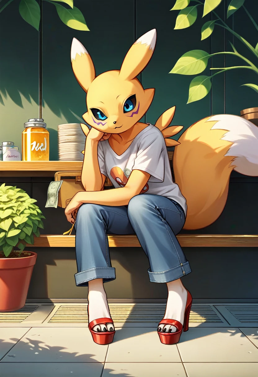 Fraction_9, Fraction_8_Direction_7_Direction_6_Direction_5_Direction_4_up, rest, src_Japanese cartoons, Endless, Official Art, masterpiece, 1 Girl, renamon (Digimon), anthropology, cute的, , very younger, young, , Uncensored, Oversized T-shirt, big jeans, Red high heels,Sexy, Honey, prostitute, Dagasi, Blink，cute