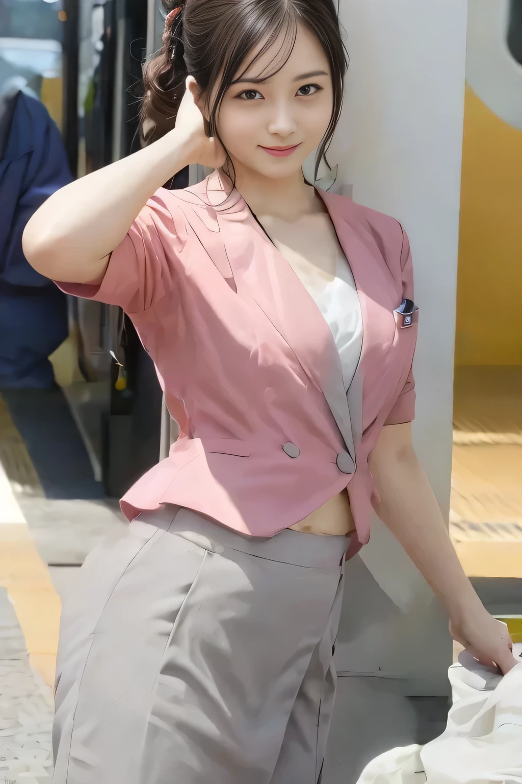 Showing your belly button、(masterpiece:1.2, Highest quality:1.2), 32k HDR, High resolution, (alone、1 girl)、 (Height: 160cm)、(On the rooftop of a building in the daytime、Professional Lighting)、Building rooftop background、(Nankai train crew uniform pinkを着たリアルスタイル)、(Nankai train crew uniform pink short sleeve collarless pink jacket、Nankai Train Crew Uniform Pink Collarless Short Sleeve Blouse、Nankai Train Crew Uniform Pink Grey Knee-length Culottes)、(The pink jacket is showing from the culottes.)、Dark brown hair、(Hair tied up、Hair tied up、Evening curly hairstyle)、Dark brown hair、Long Shot、Big Breasts、Thin legs、((Great hands:2.0)),((Harmonious body proportions:1.5)),((Normal limbs:2.0)),((Normal finger:2.0)),((Delicate eyes:2.0)),((Normal eyes:2.0)))、smile、(Nankai Train Crew Uniform Pink Grey Knee-length Culottesを見せた美しい歩く姿)、Place your hands around your stomach、Lanyard employee ID card