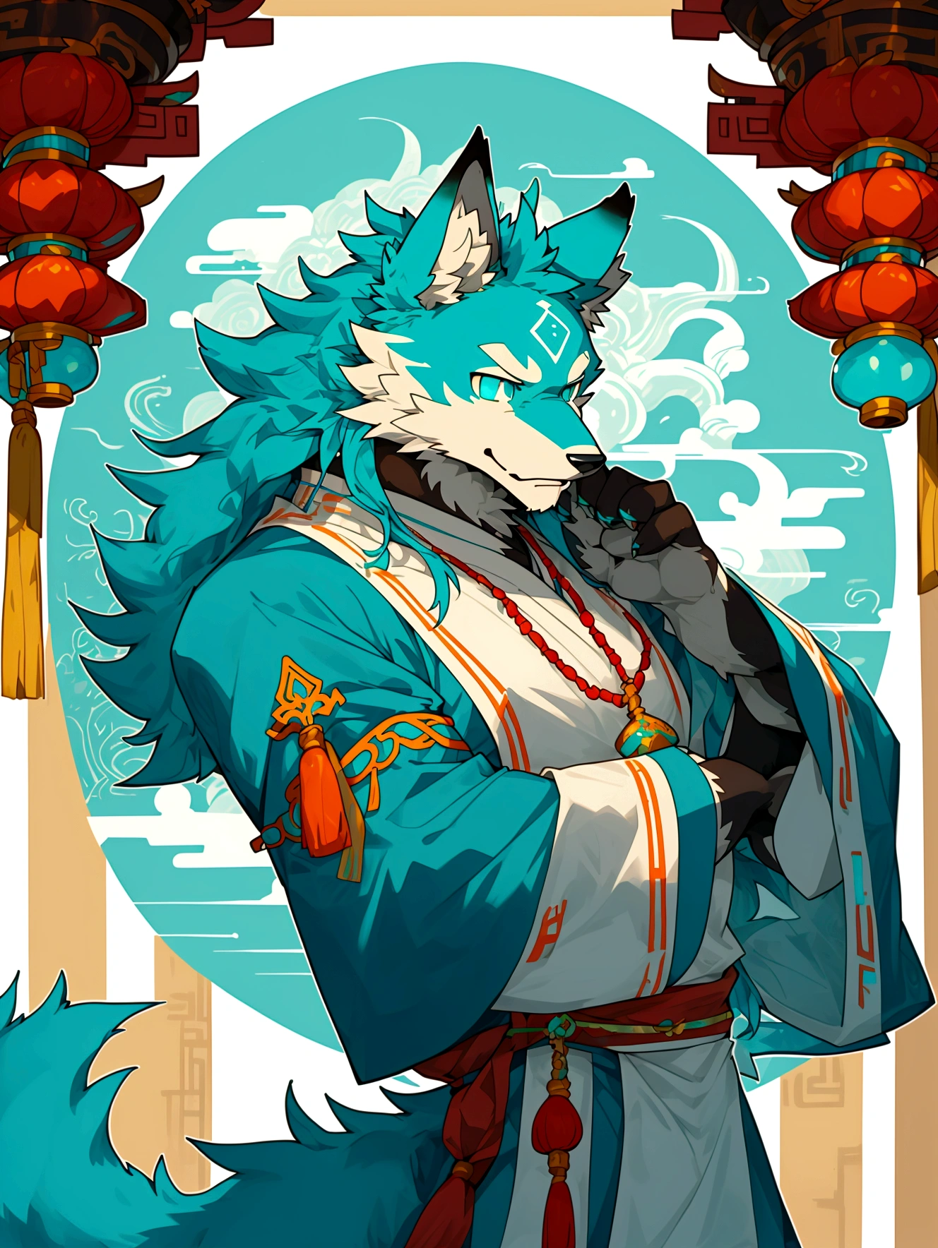 turquoise fur,turquoise eyes，In the temple，Chinese style，A cartoon image of an anthropomorphic wolf, furry,anthro wolf,priest,monk,magic